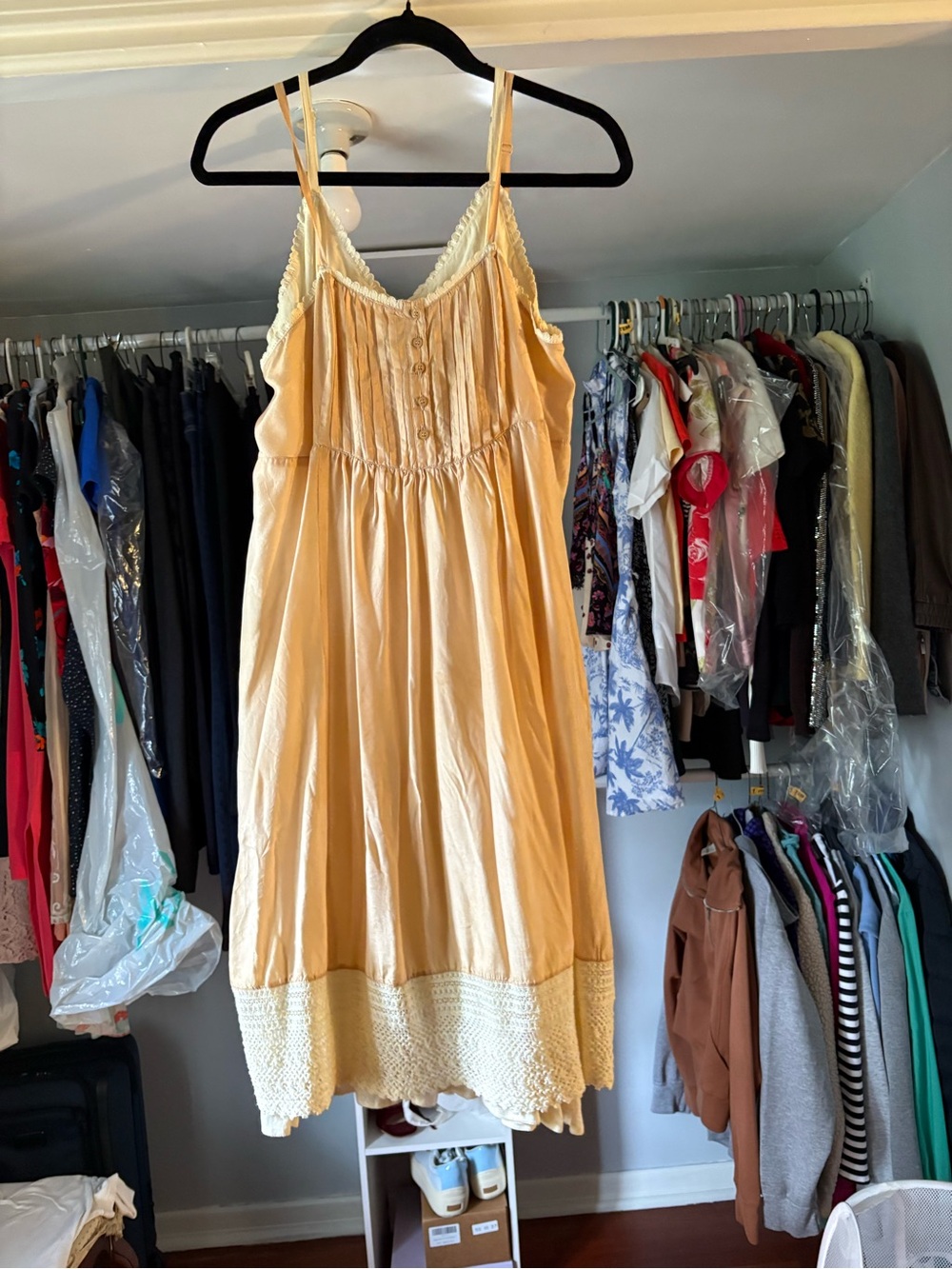 Free People Pale Yellow Lace-Trim Midi Slip Dress